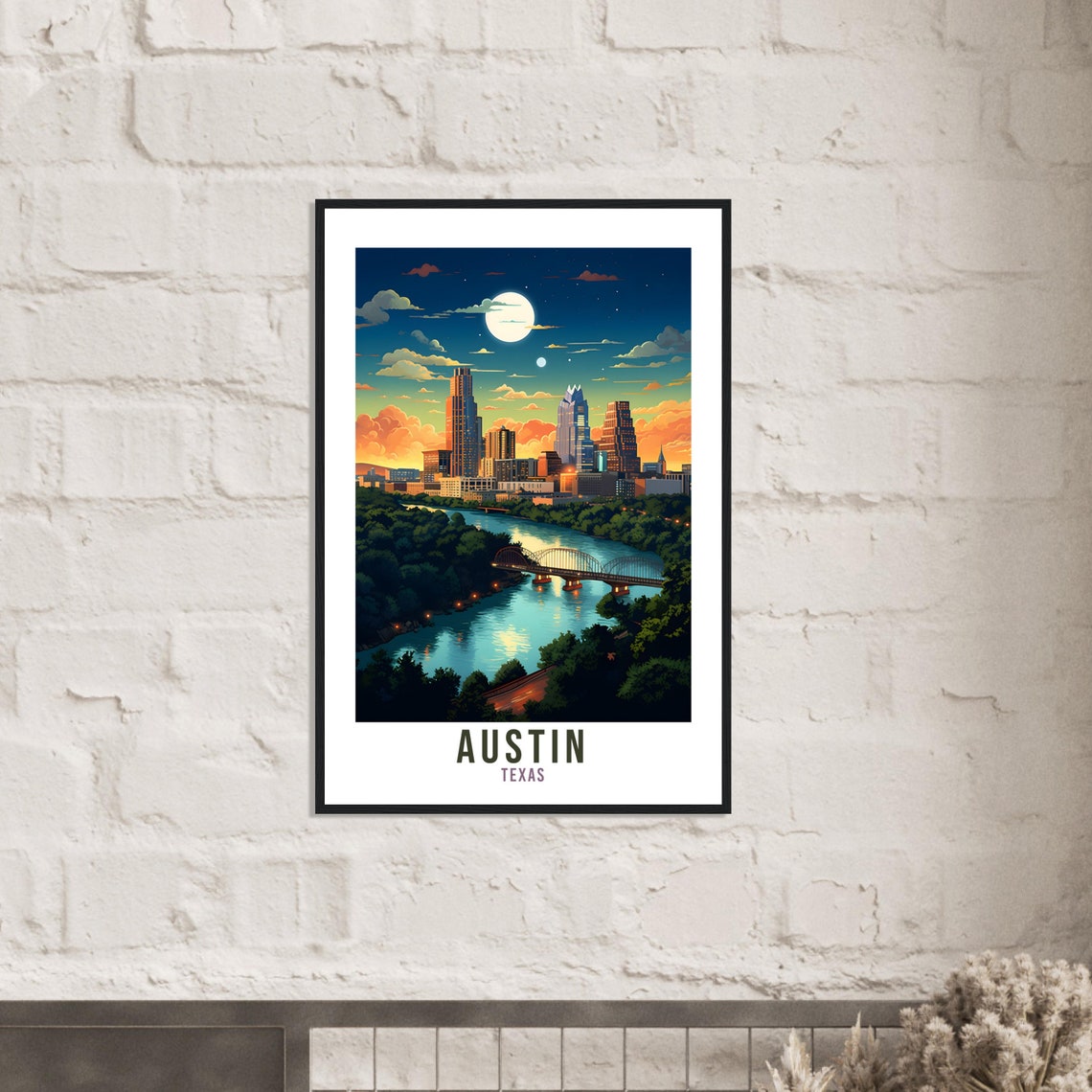Austin Texas Moonlit Skyline River Bridge Night Scene Poster - Image 2