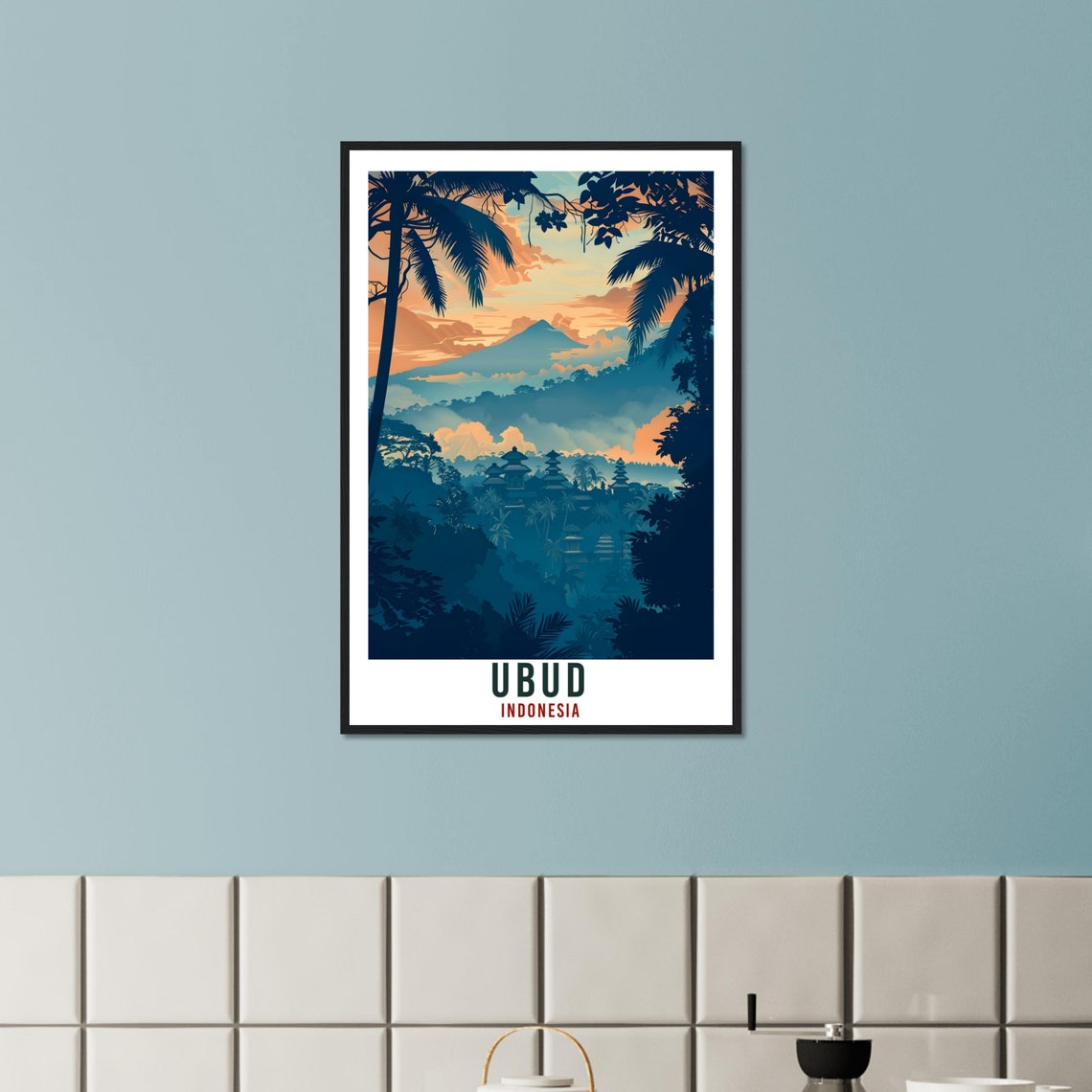 Ubud Indonesia Misty Jungle Temple Volcano Dusk Illustrated Poster - Image 2