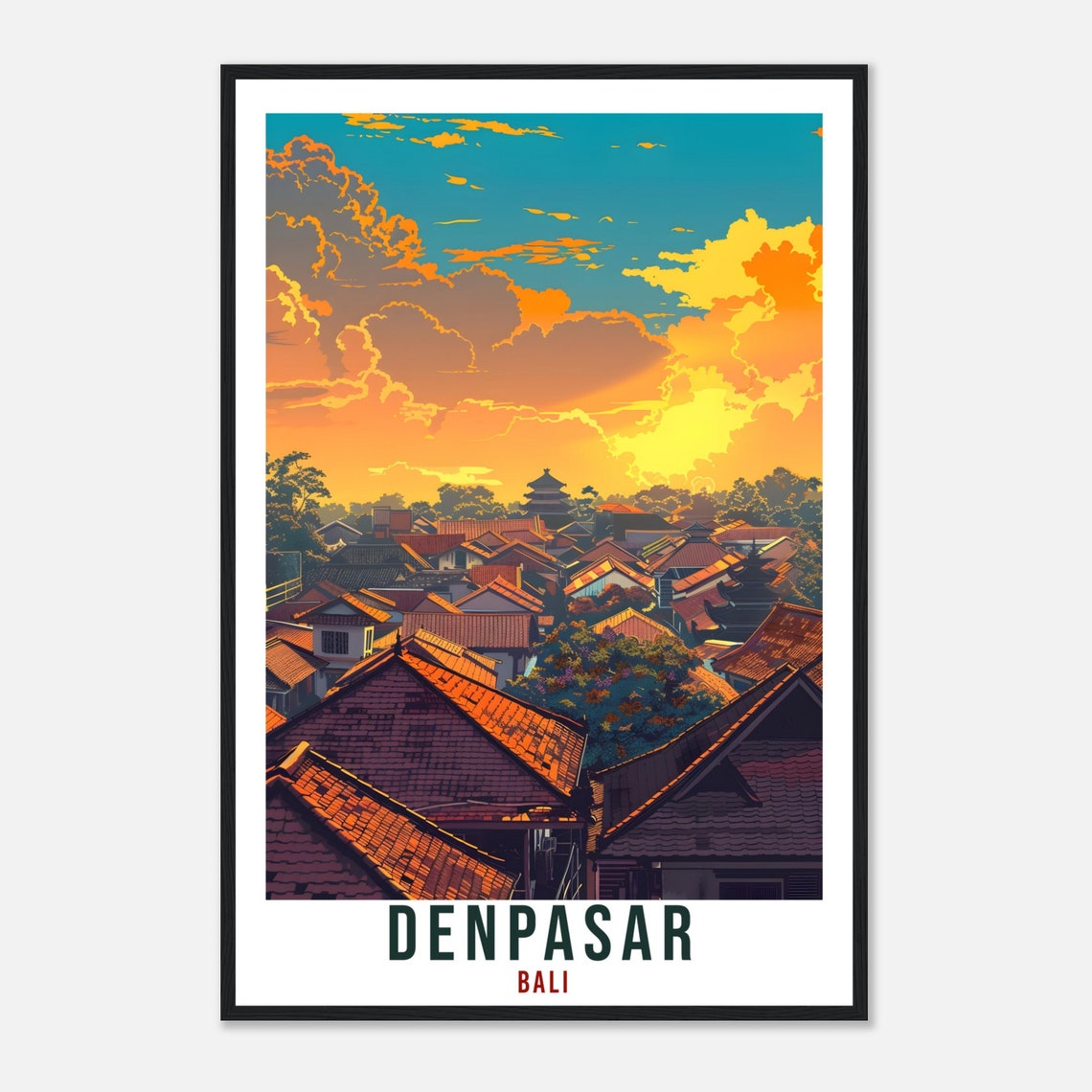 Denpasar Bali Rooftops Golden Sunset Pagoda Illustrated Art Poster - Image 4