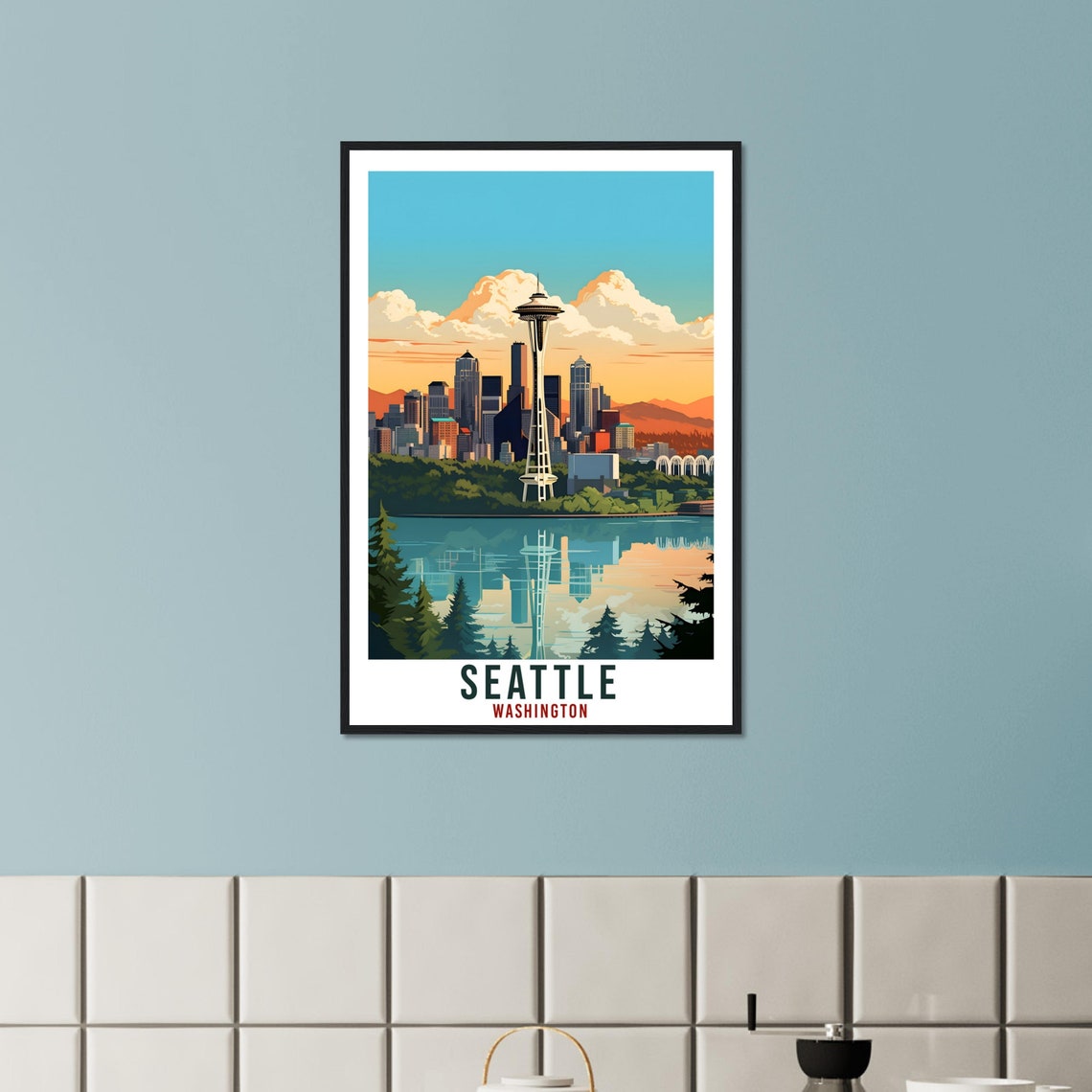 Seattle Washington Space Needle Skyline Water Reflection Art Poster - Image 4
