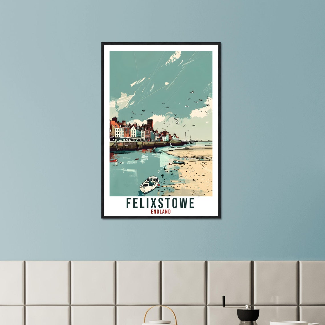 Felixstowe England Fishing Boats Beach Low Tide Travel Poster - Image 3