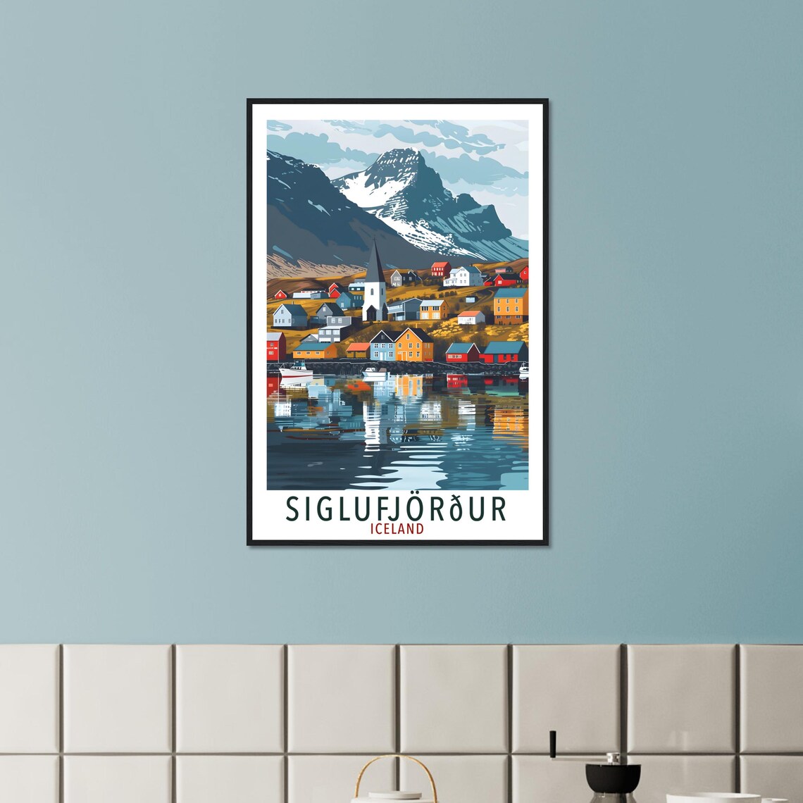 Siglufjordur Iceland Harbour Colorful Houses Mountain Travel Poster - Image 2