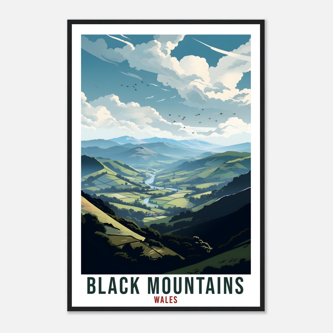 Black Mountains Green Valleys Cloudy Sky Wales Vintage Scenic Poster - Image 4