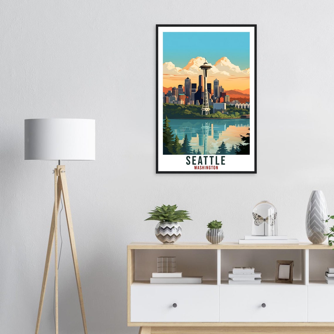 Seattle Washington Space Needle Skyline Water Reflection Art Poster - Image 3