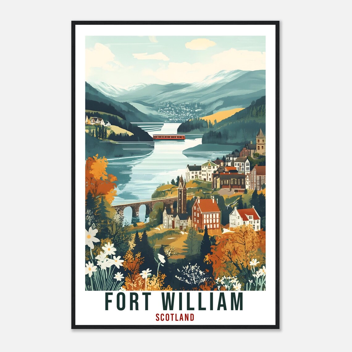 Fort William Scotland Vintage Loch Town Travel Golden Poster - Image 4