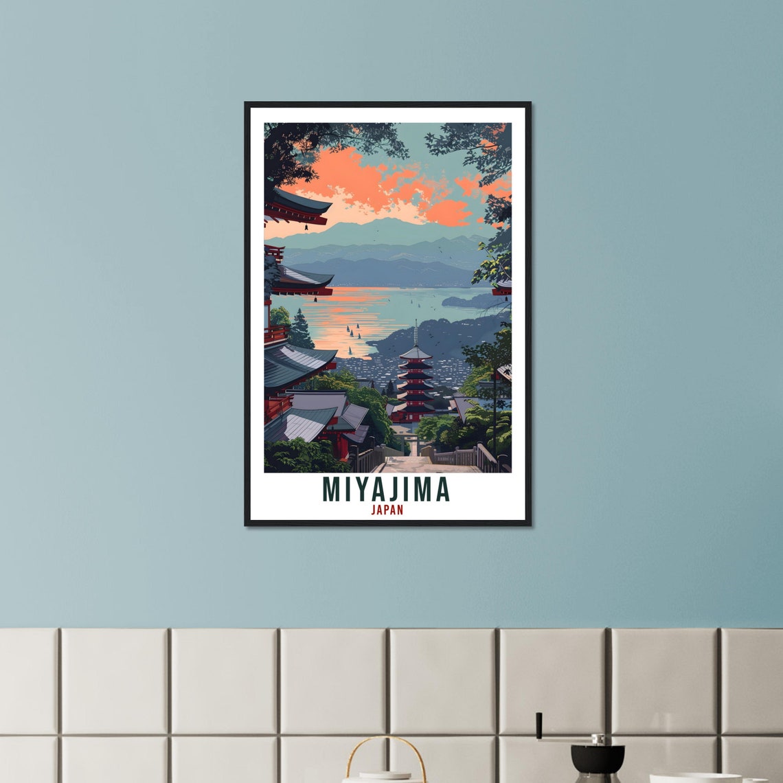 Miyajima Japan Red Pagoda Temple Sunset Over the Sea Travel Poster - Image 3