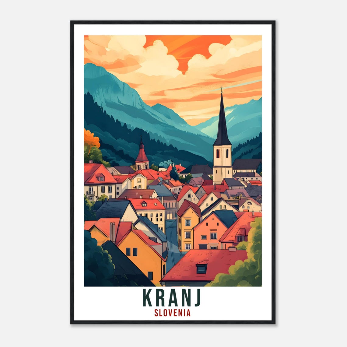 Kranj Slovenia Red Rooftop Old Town Sunset Mountains Travel Poster - Image 4