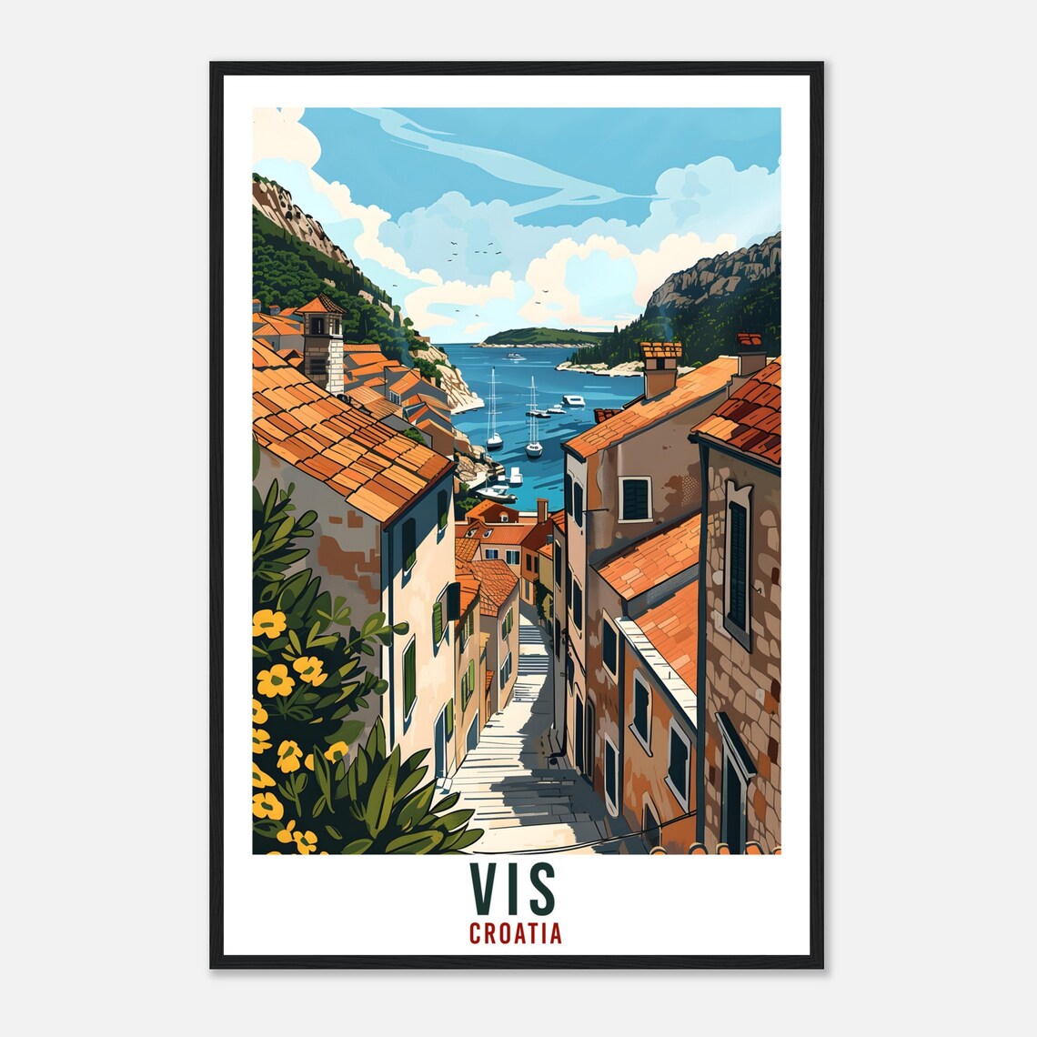 Vis Croatia Island Harbor Old Town Steps Vintage Style Travel Poster - Image 4