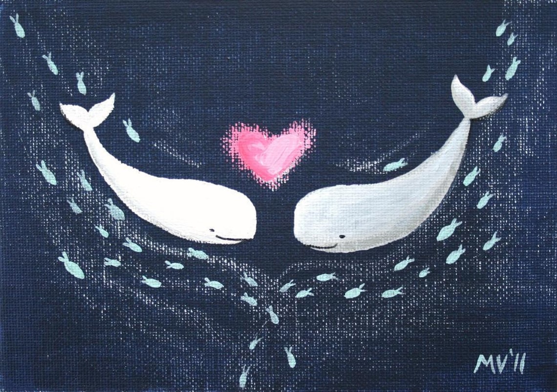 Two White Whales With Pink Heart Love Under The Sea Art Poster