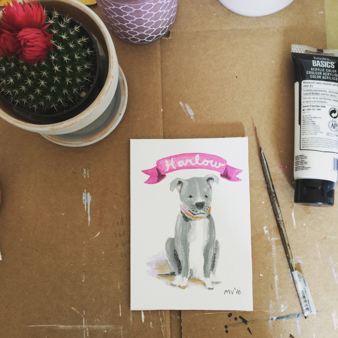 Harlow Gray Pit Bull Puppy Custom Pet Portrait Pink Banner Poster