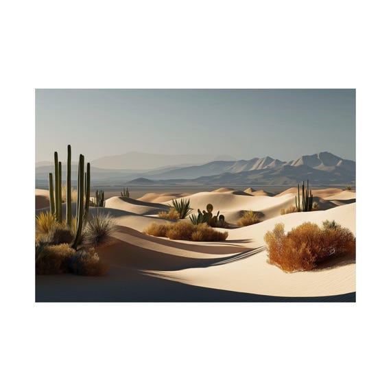 Minimalist Desert Landscape, Cactus and Sand Dunes