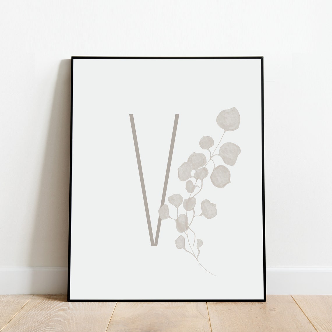 Letter V Monogram Botanical Eucalyptus Gray Initial Minimalist Poster