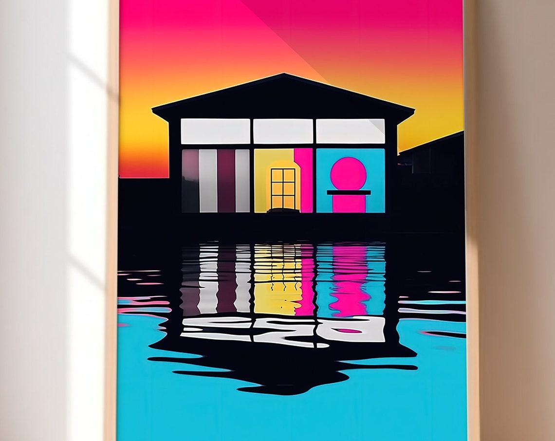 Modern Geometric Beach House Sunset Reflection Minimalist Art Print - Image 3
