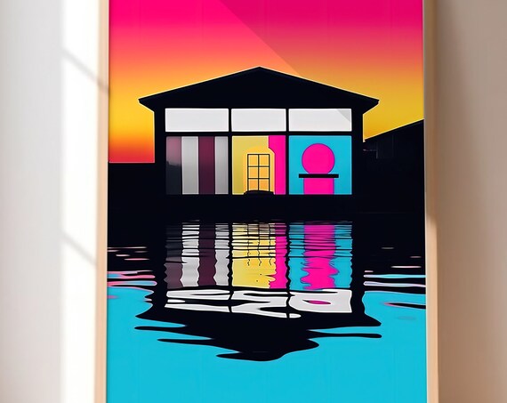 Neon Sunset House With Colorful Windows Beside Rippling Water Poster