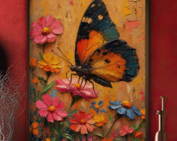 Rustic Butterfly Art Print Vibrant Wildflower Painting Botanical Home Decor
