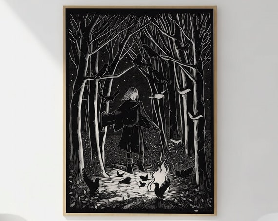 Woman In The Forest With Ravens Decor High Quality Art For Home Wall Art Instant