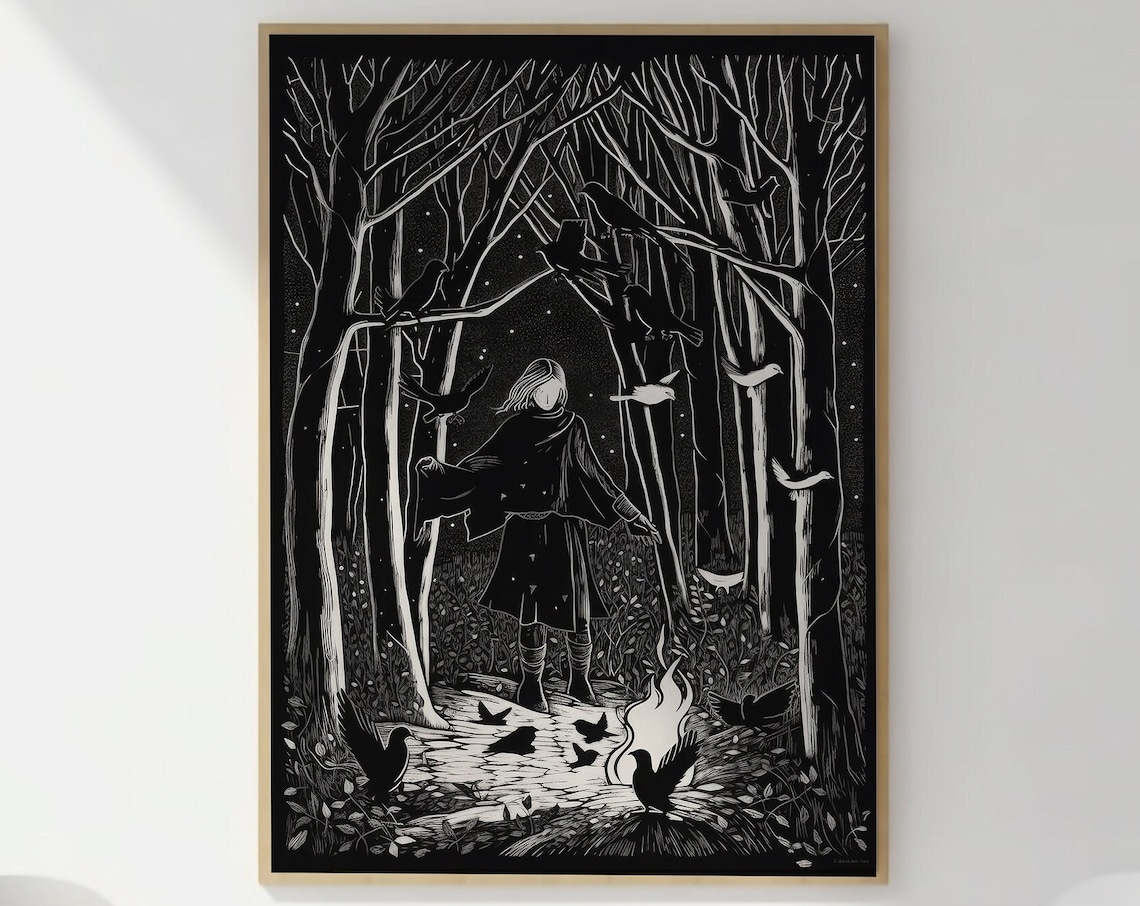 Cloaked Woman in Dark Forest with Ravens Gothic Fantasy Poster - Image 3
