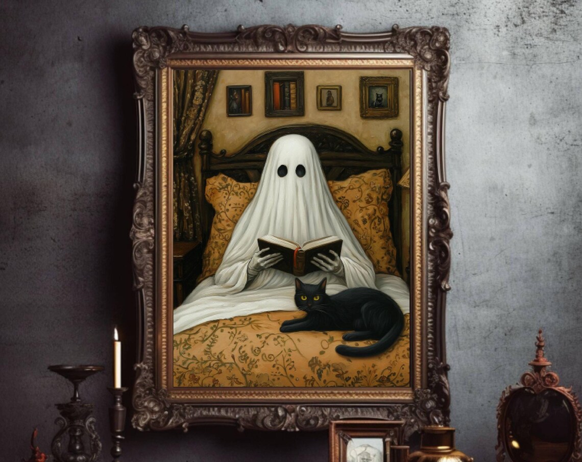 Ghost Reading In Bed With A Black Cat Funny Dark Academia Poster