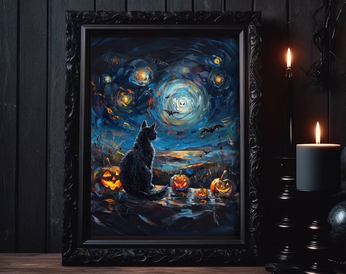 Spooky Night Halloween Black Cat Poster Print