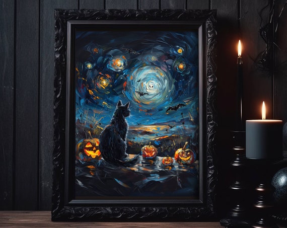 Spooky Night Halloween Black Cat Poster Print