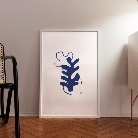 Blue Matisse Wall Art Abstract Flower Drawing Print Boho Wall Decor Line Art Living Room Decor Trendy Minimalist Poster Print