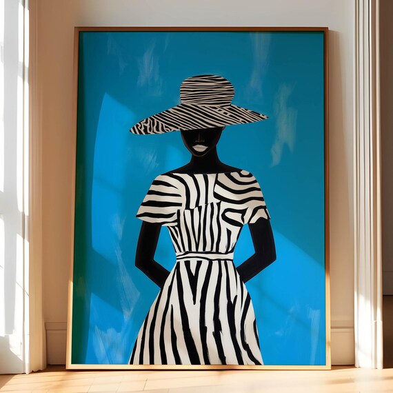 Woman In Striped Dress And Hat Blue Fashion Portrait Art Print