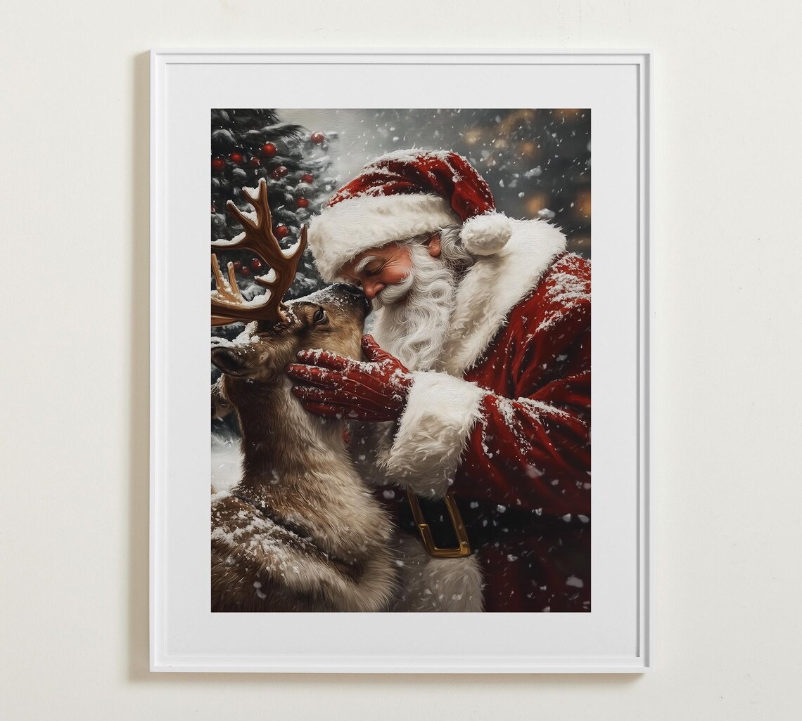 Santa Claus Tenderly Touching Reindeer in Snow Christmas Love Poster