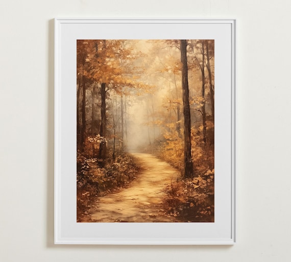 Golden Misty Forest Path In Autumn Light Vintage Oil Painting Poster