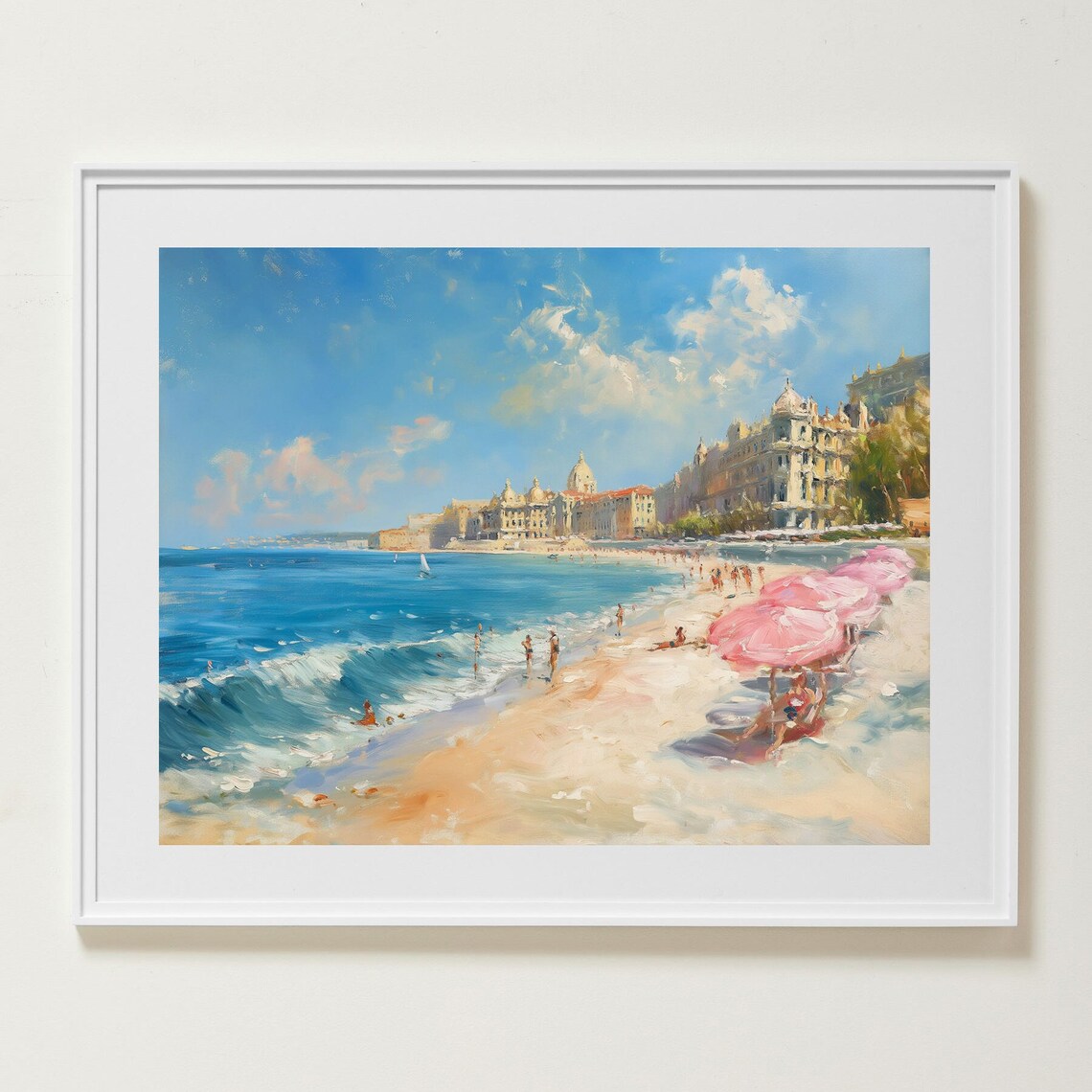 Grand Hotel Beach Scene with Pink Umbrellas in Impressionist Oil Poster
