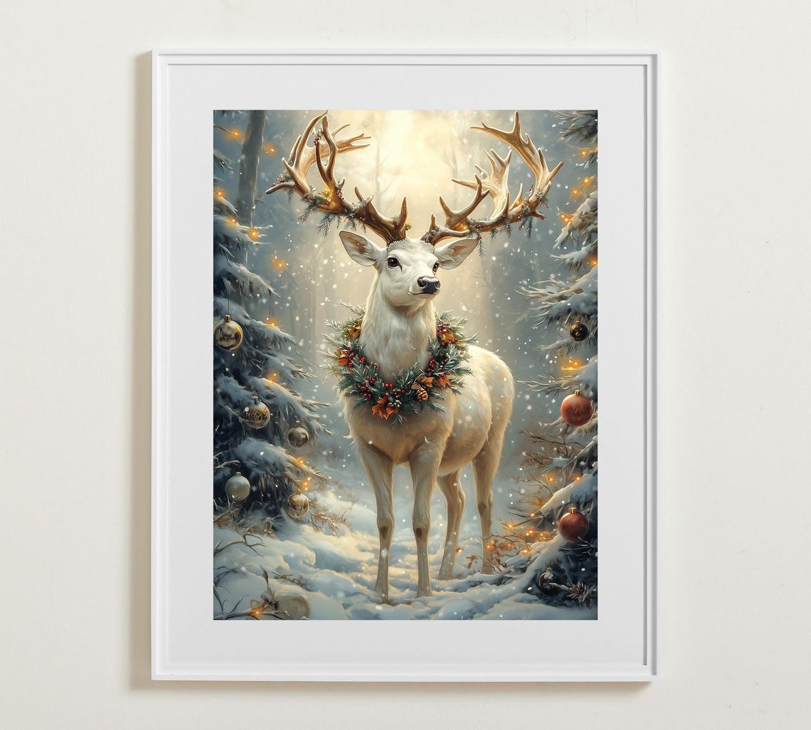 Majestic White Stag with Wreath in Snowy Christmas Forest Poster
