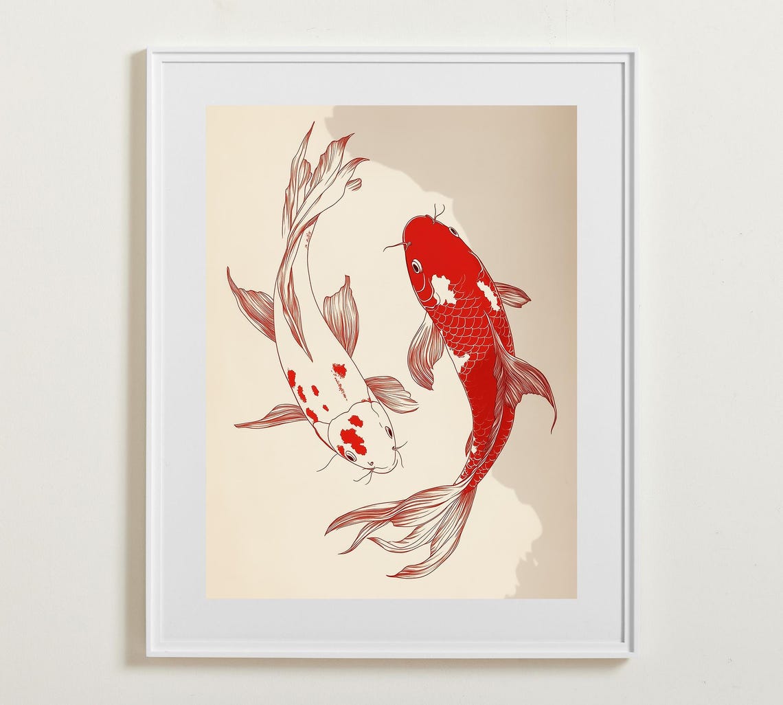 Two Red Koi Fish Circling in Yin Yang Style Line Art Zen Poster