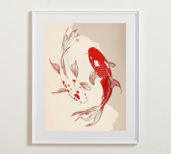 Red And White Koi Wall Art Vintage Print Trendy Room Decor Aesthetic Koi Fish Poster Japanese Art Print