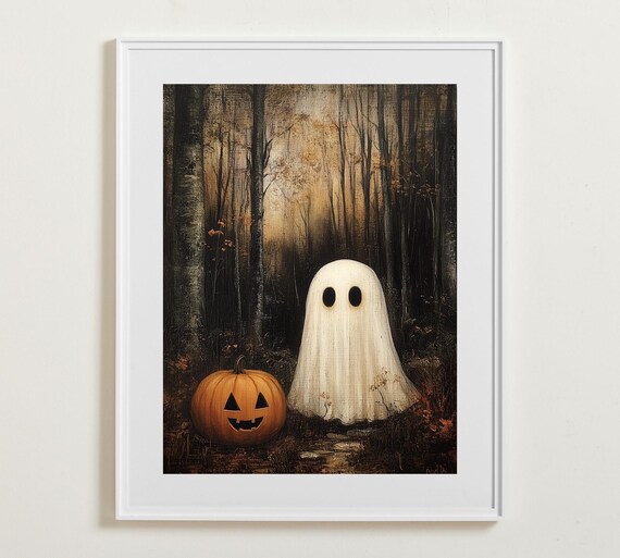 Halloween Ghost Wall Art Cute Ghosts In Forest Spooky Fall Poster Gallery Vintage Wall Art Instant Wall Art