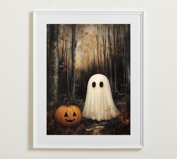 Lone Ghost Jack O Lantern Dark Forest Spooky Cute Halloween Painting Poster