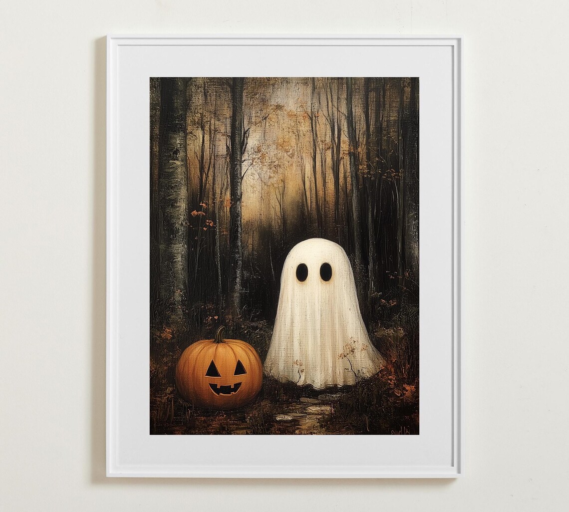 Halloween Ghost Wall Art Cute Ghosts In Forest Spooky Fall Poster Gallery Vintage Wall Art Instant Wall Art