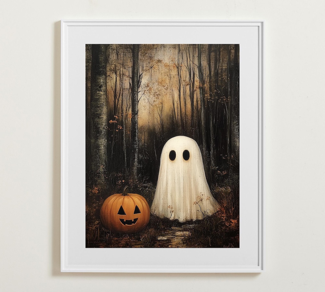 Lone Ghost Jack O Lantern Dark Forest Spooky Cute Halloween Painting Poster
