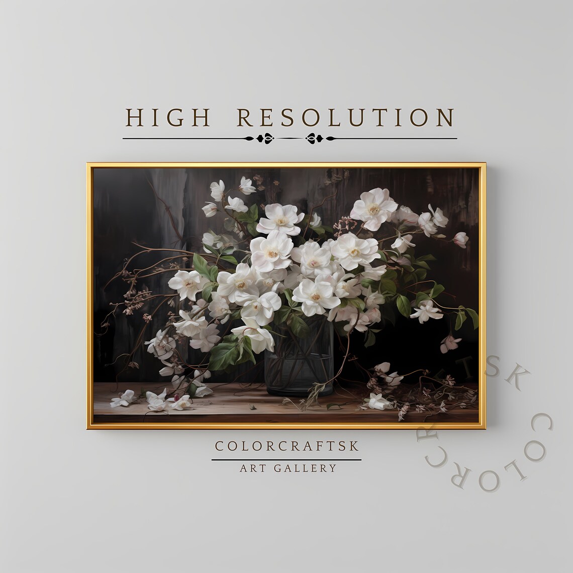 White Roses In Glass Vase Moody Still Life Vintage Floral Art Print