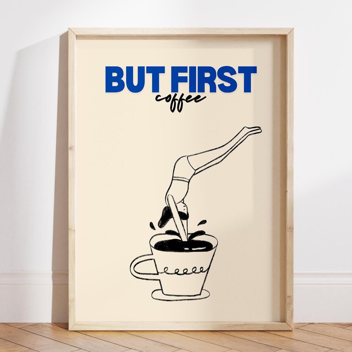 But First Coffee Funny Diving Girl Line Art Kitchen Wall Poster