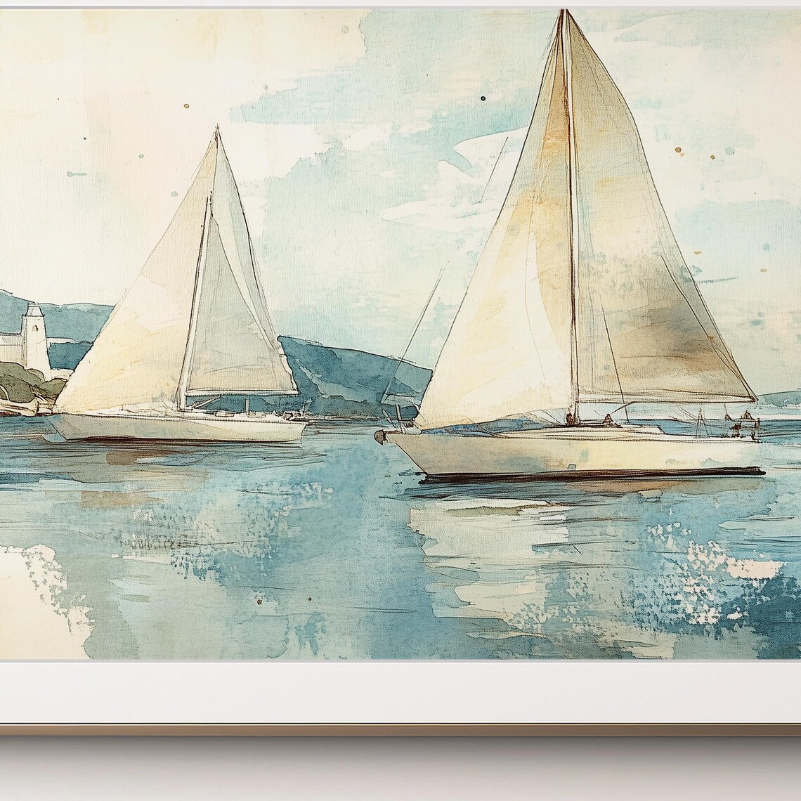 Watercolor Sailboats Calm Blue Water Coastal Scene Art Poster - Image 2