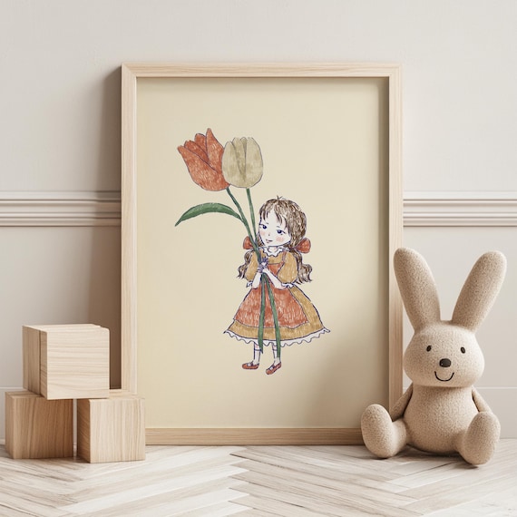 Little Girl Holding Giant Tulips Hand Drawn Nursery Wall Art