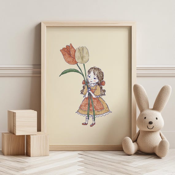 Tulip Girl Nursery Art Handdrawn Floral Kids Room Decor Print