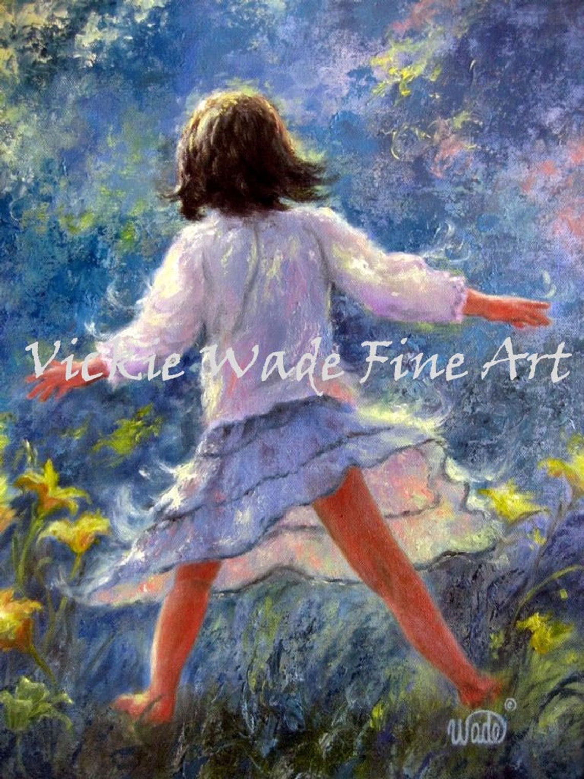 Twirling Girl Art Print Little Brunette Girl Dancing Barefoot In Flowers Print Of Painting Blue Green Yellow Art Vickie Wade Art