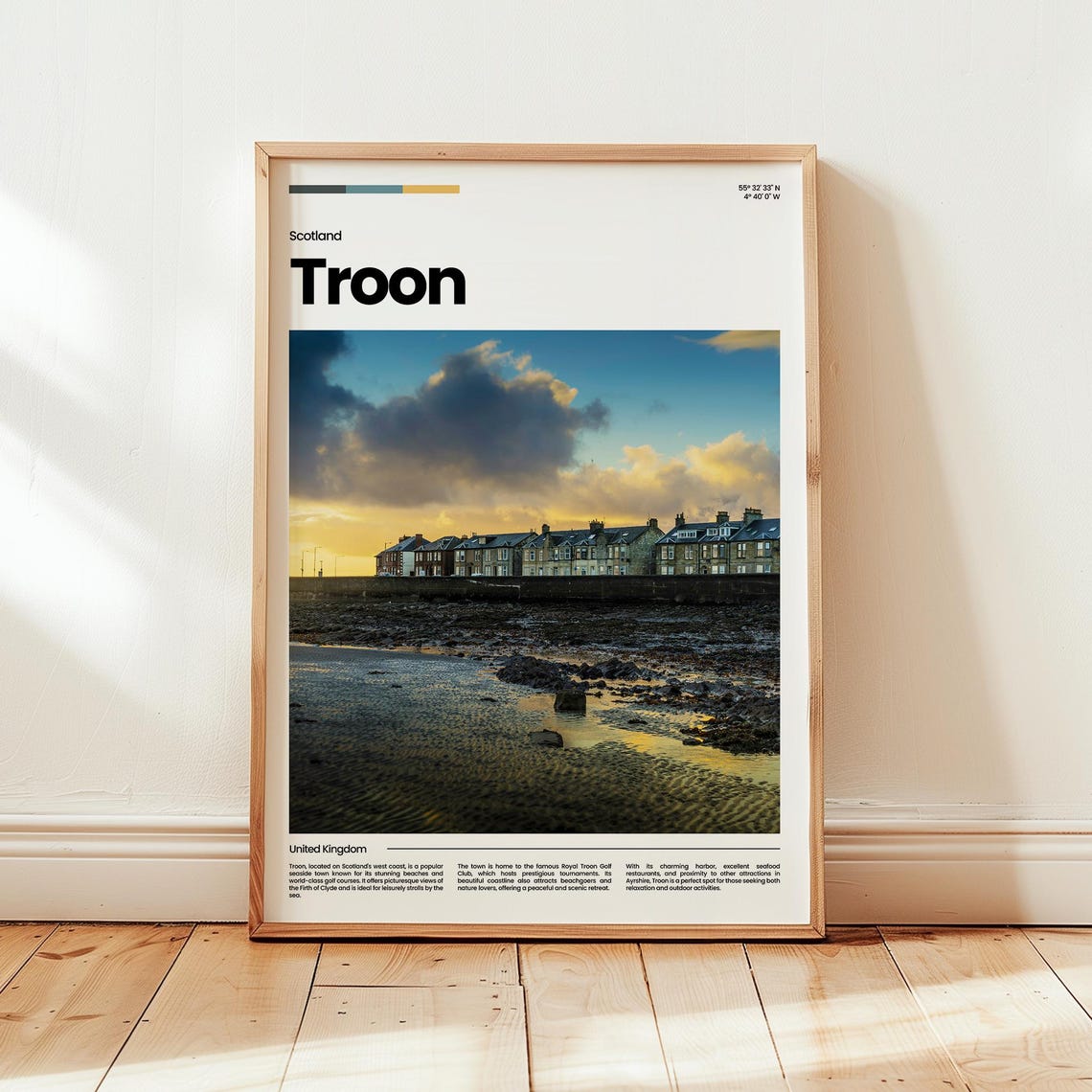 Troon Scotland Sunset Shoreline Travel Poster With Coordinates