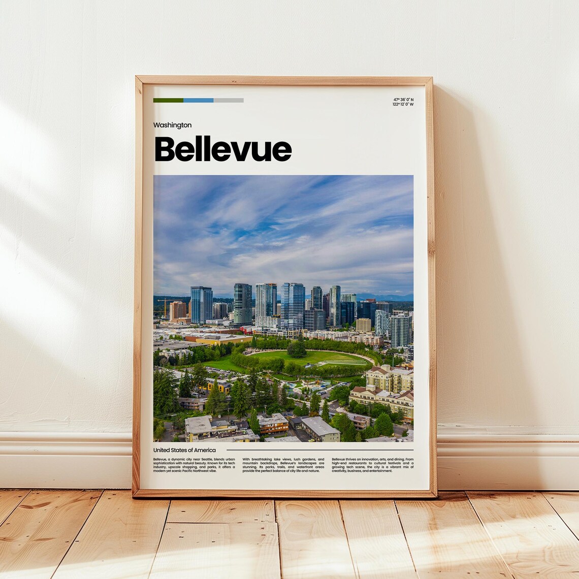 Bellevue Washington Downtown Aerial Skyline Minimalist Travel Poster