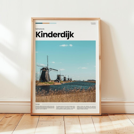 Kinderdijk Windmills Canal UNESCO Dutch Heritage Travel Poster