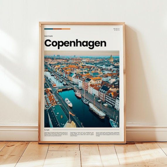 Copenhagen Denmark Aerial Harbor Canals Rooftops Travel Poster