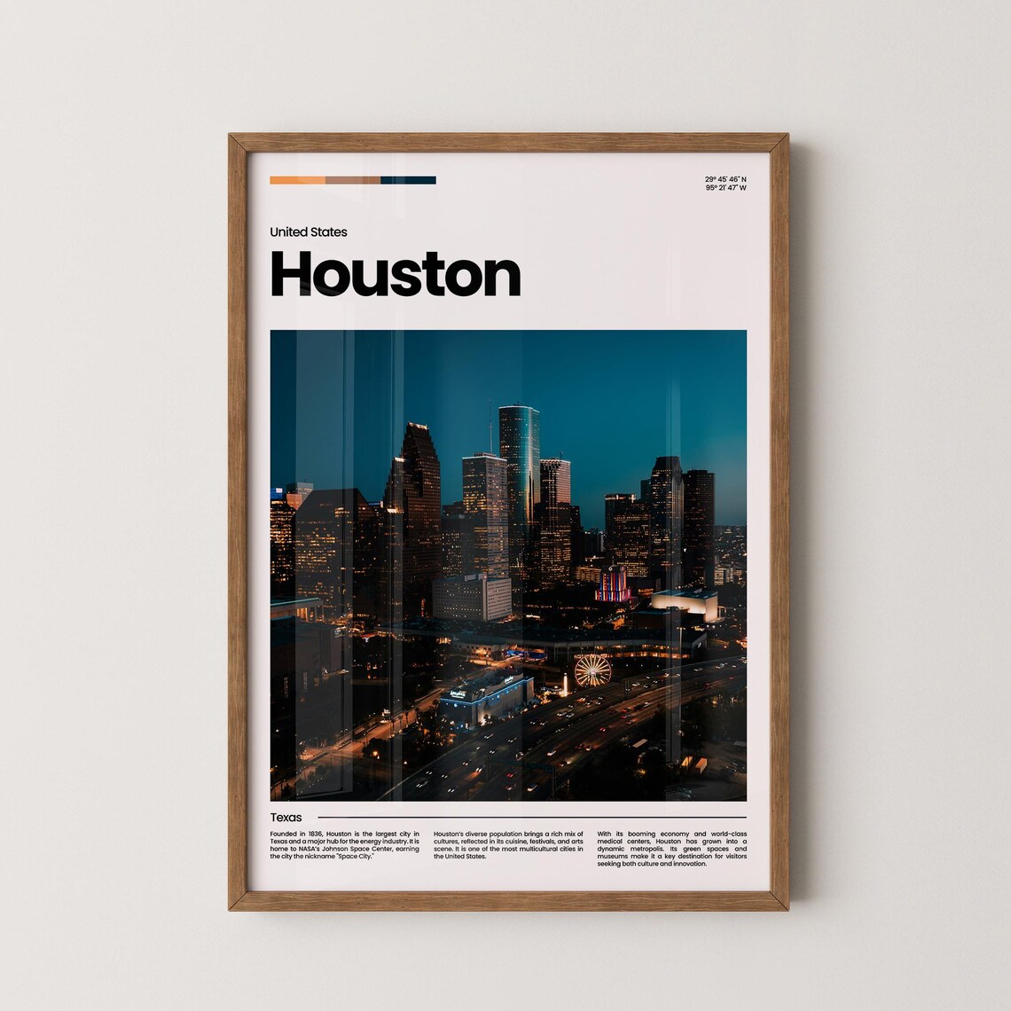 Houston Night Skyline City Lights Texas Modern Travel Poster