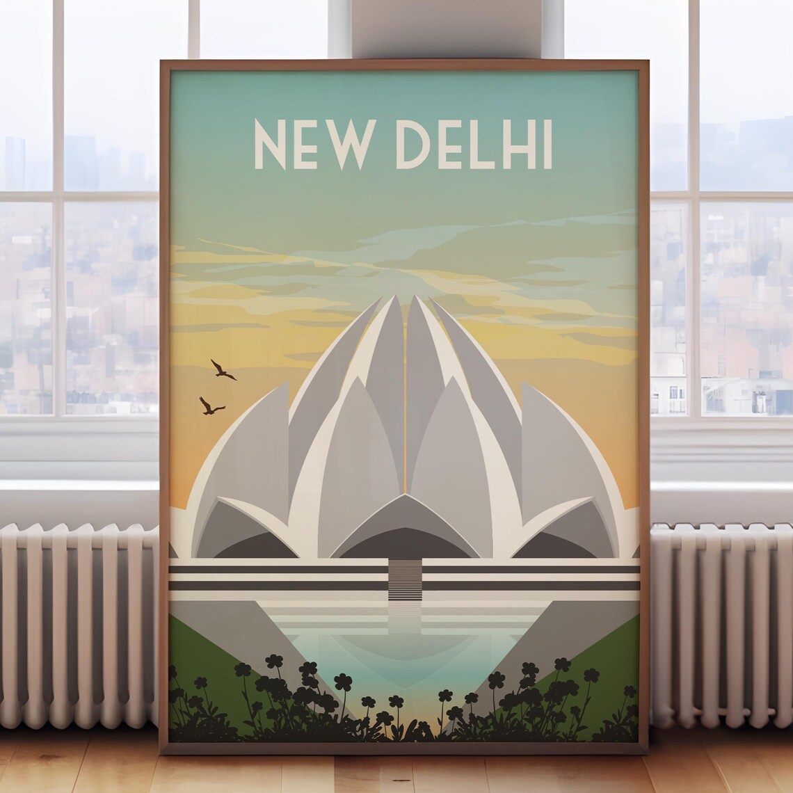 New Delhi India Lotus Temple Golden Sunset Petals Travel Poster