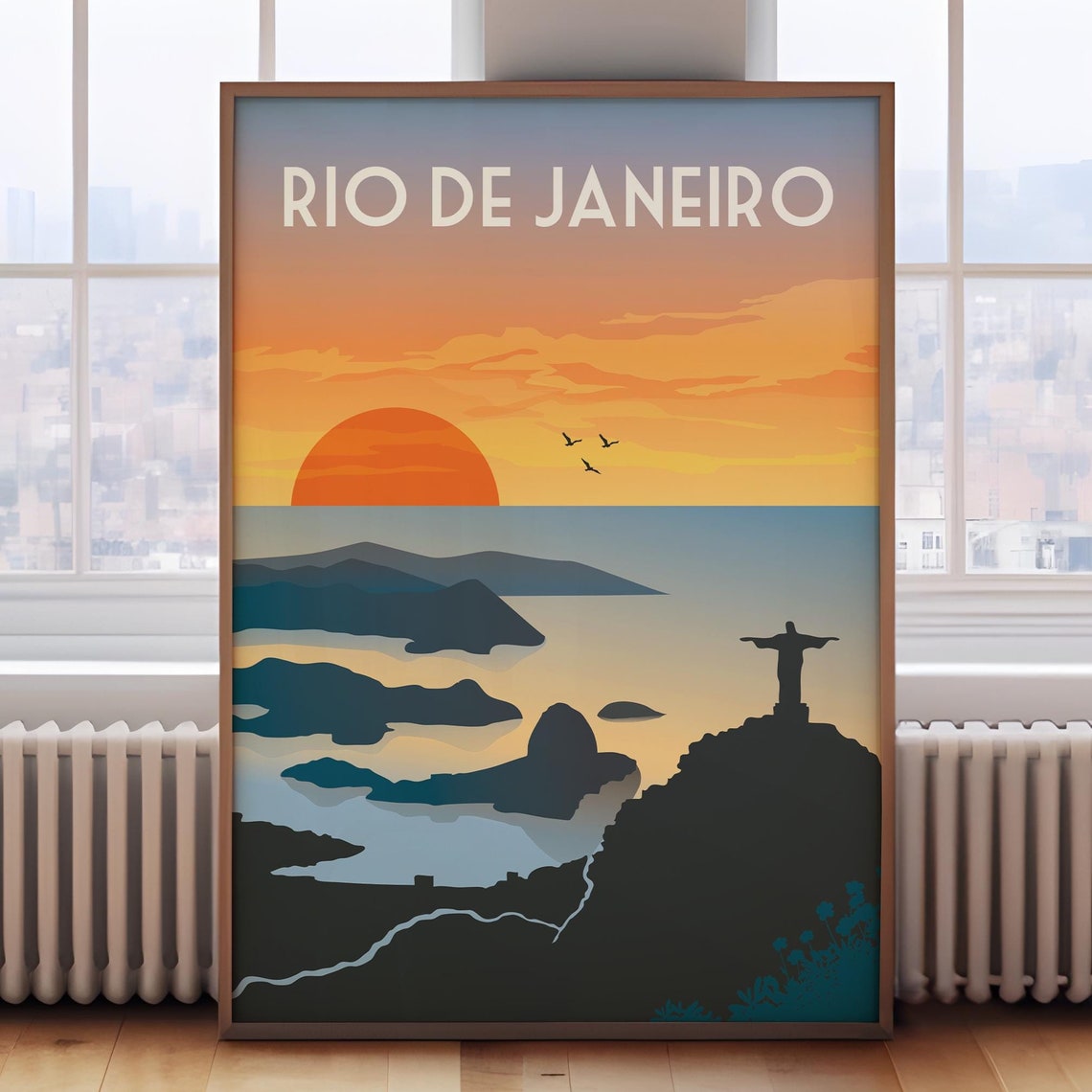 Rio de Janeiro Brazil Sunset Bay Christ Redeemer Retro Poster