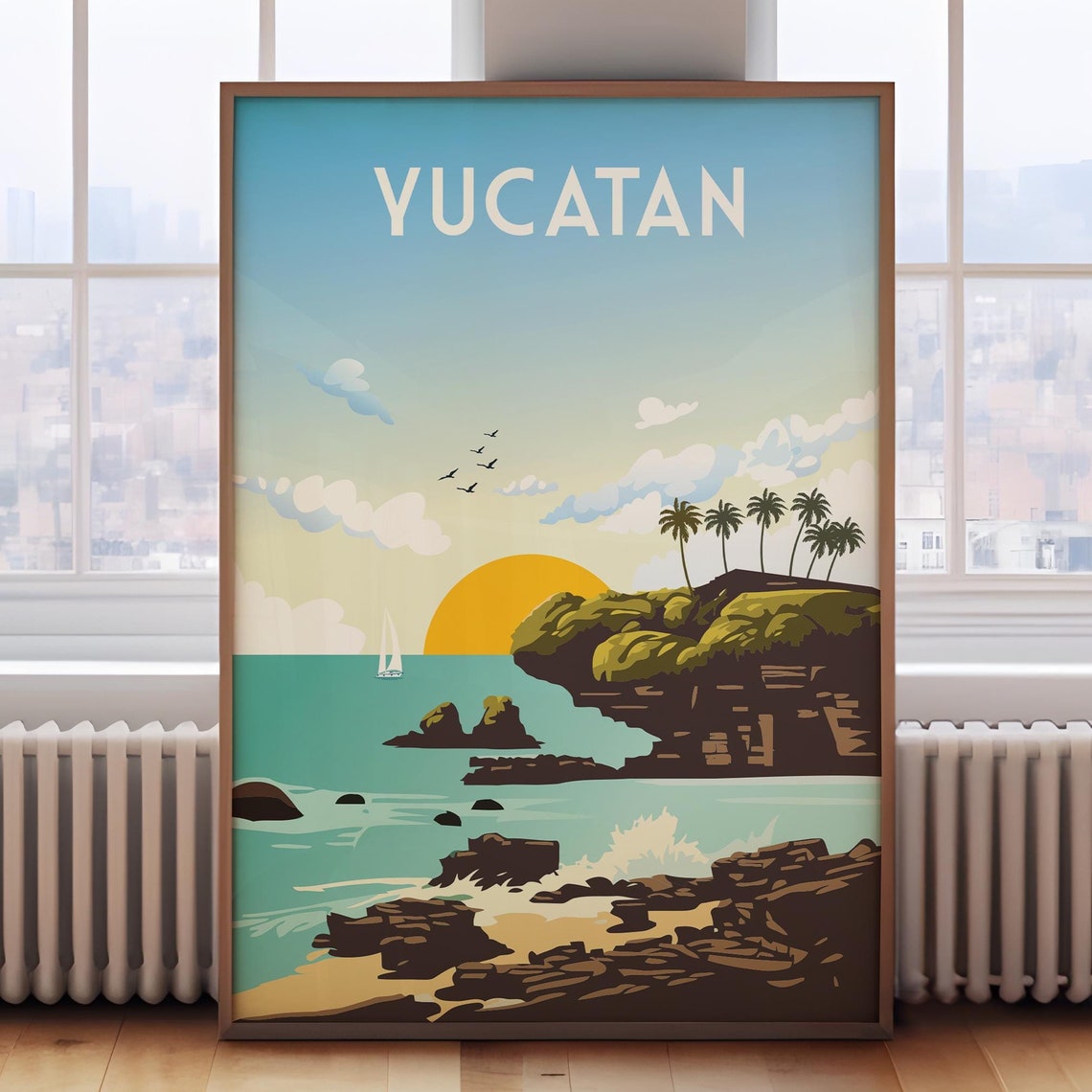 Yucatan Mexico Dramatic Rocky Coast Sunset Palms Travel Poster
